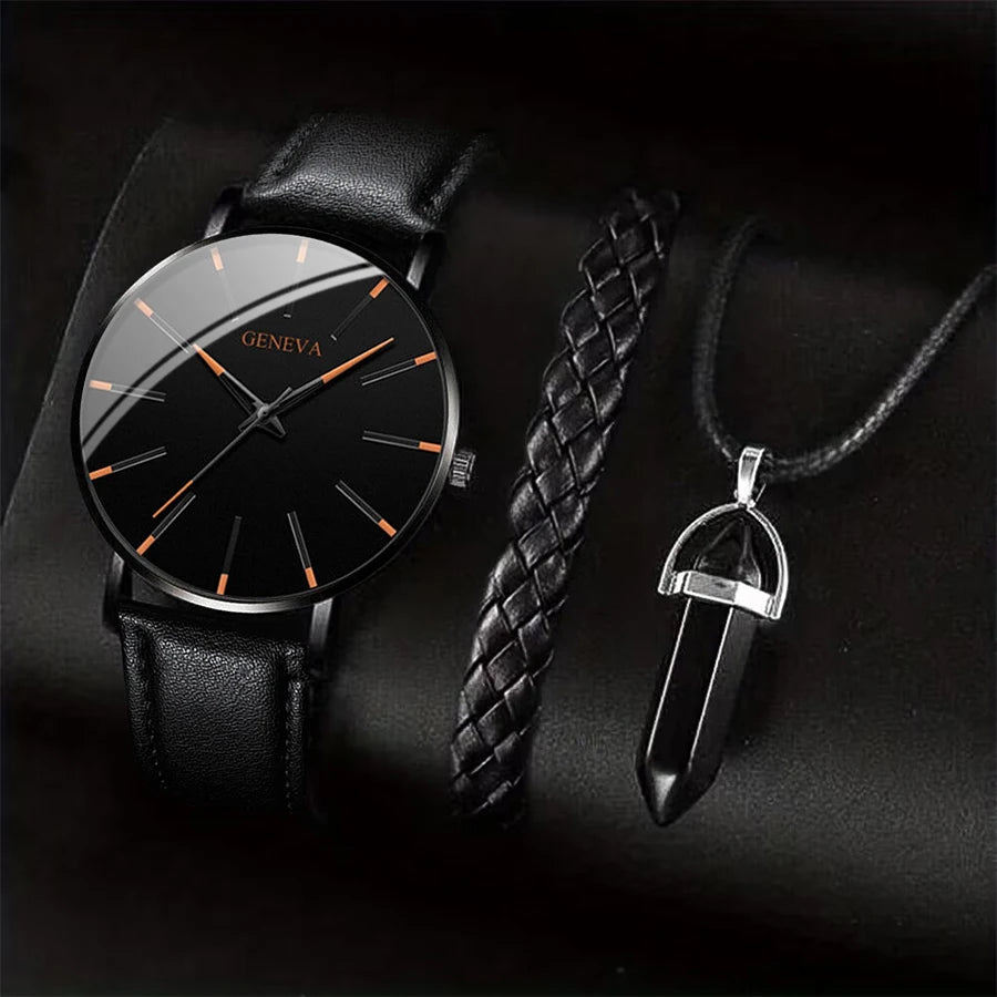 Montre Quartz Homme Élégante + Bracelet Cuir + Collier