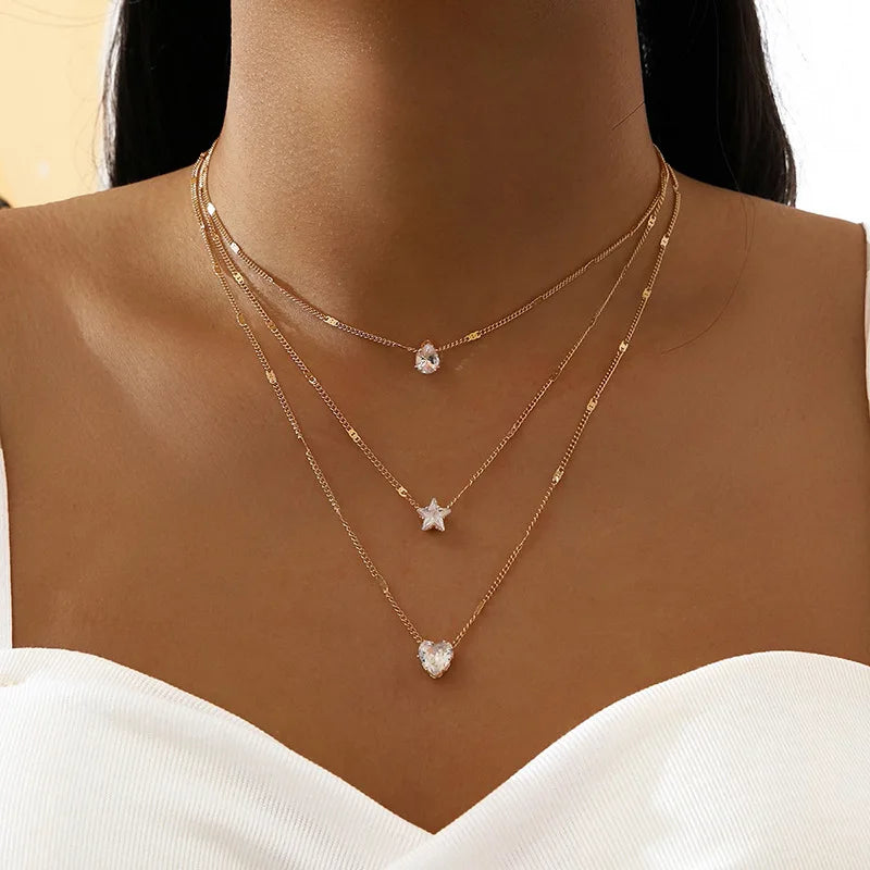 Collier multicouche élégant pour femme – Pendentifs zircon